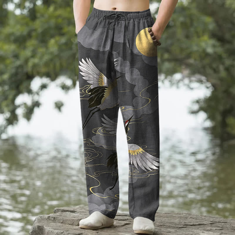 Nimara Ritual Cotton White Crane Chasing The Sun Pattern Men's Tapered Pants With Pockets