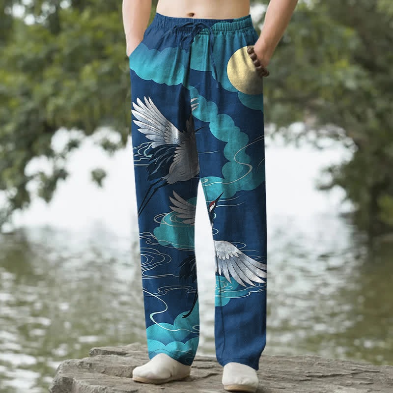 Nimara Ritual Cotton White Crane Chasing The Sun Pattern Men's Tapered Pants With Pockets