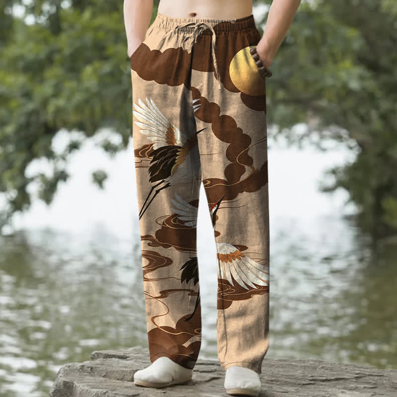 Nimara Ritual Cotton White Crane Chasing The Sun Pattern Men's Tapered Pants With Pockets