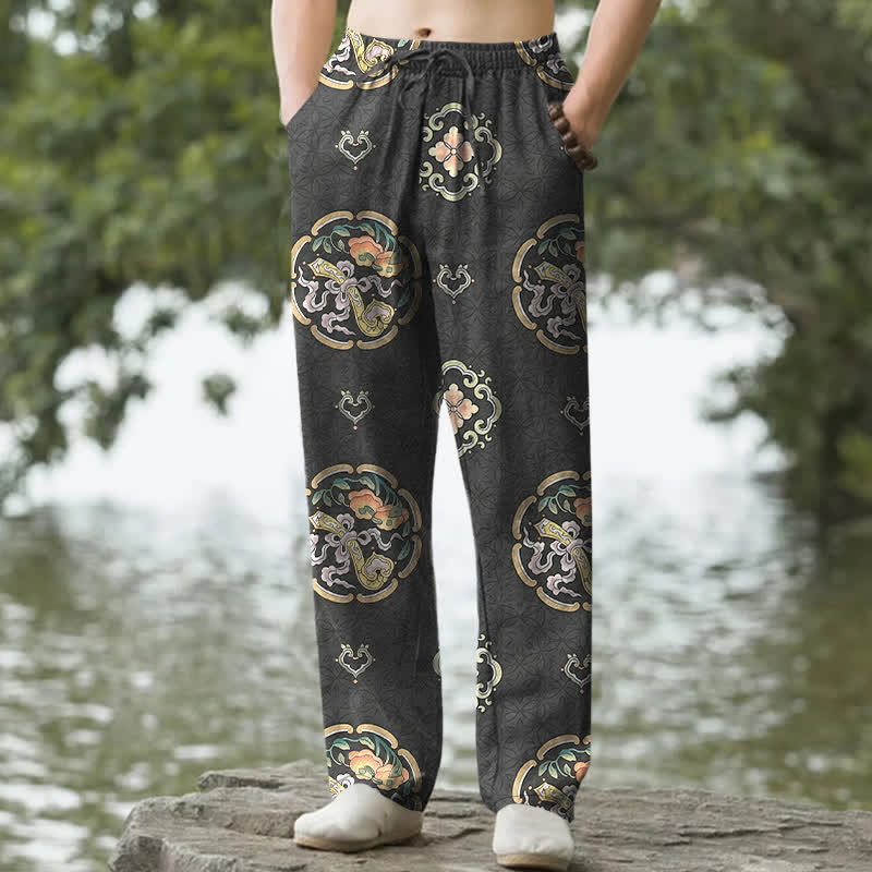 Nimara Ritual Cotton Vintage Floral Medallion Pattern Men's Tapered Pants With Pockets