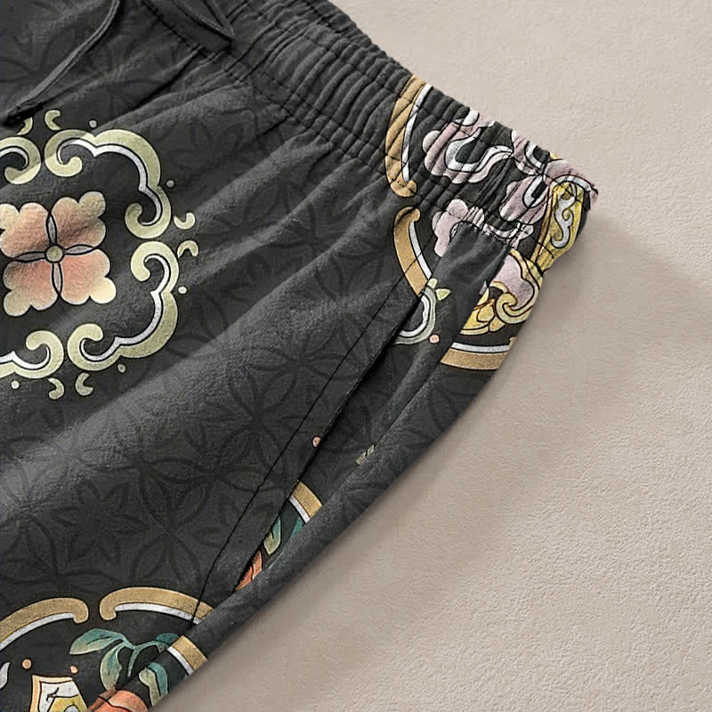 Nimara Ritual Cotton Vintage Floral Medallion Pattern Men's Tapered Pants With Pockets