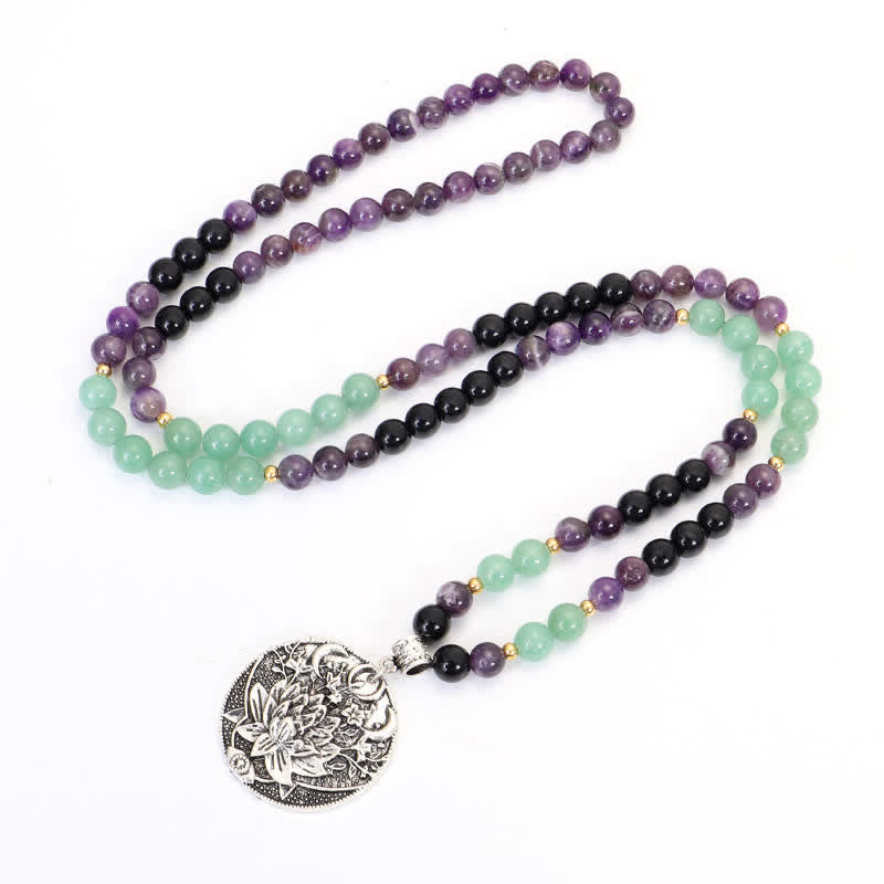 Nimara Ritual 108 Mala Beads Amethyst Green Aventurine Lotus Meditation Bracelet