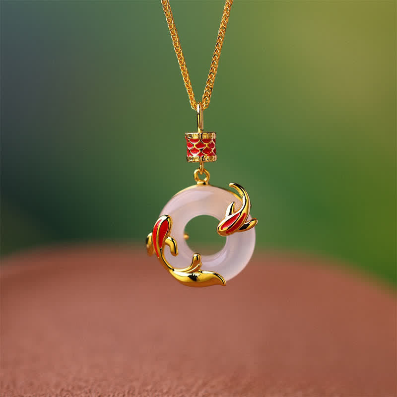 Nimara Ritual White Chalcedony Koi Fish Success Peace Buckle Round Necklace