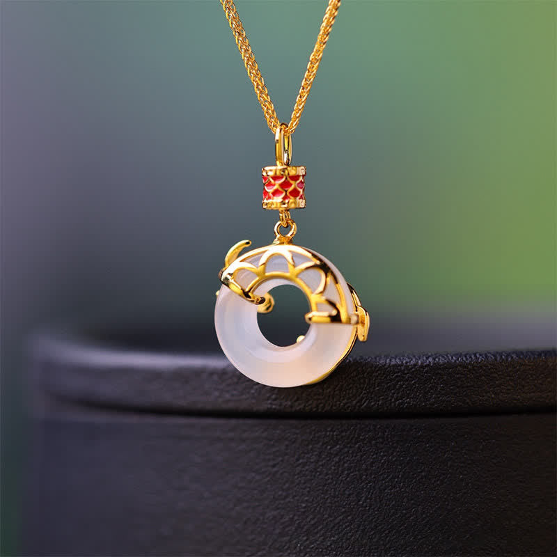 Nimara Ritual White Chalcedony Koi Fish Success Peace Buckle Round Necklace