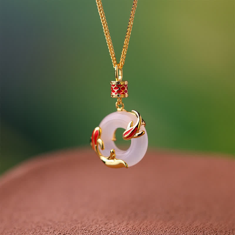 Nimara Ritual White Chalcedony Koi Fish Success Peace Buckle Round Necklace