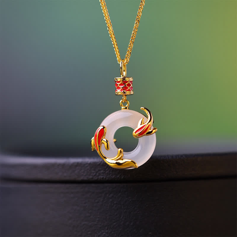 Nimara Ritual White Chalcedony Koi Fish Success Peace Buckle Round Necklace