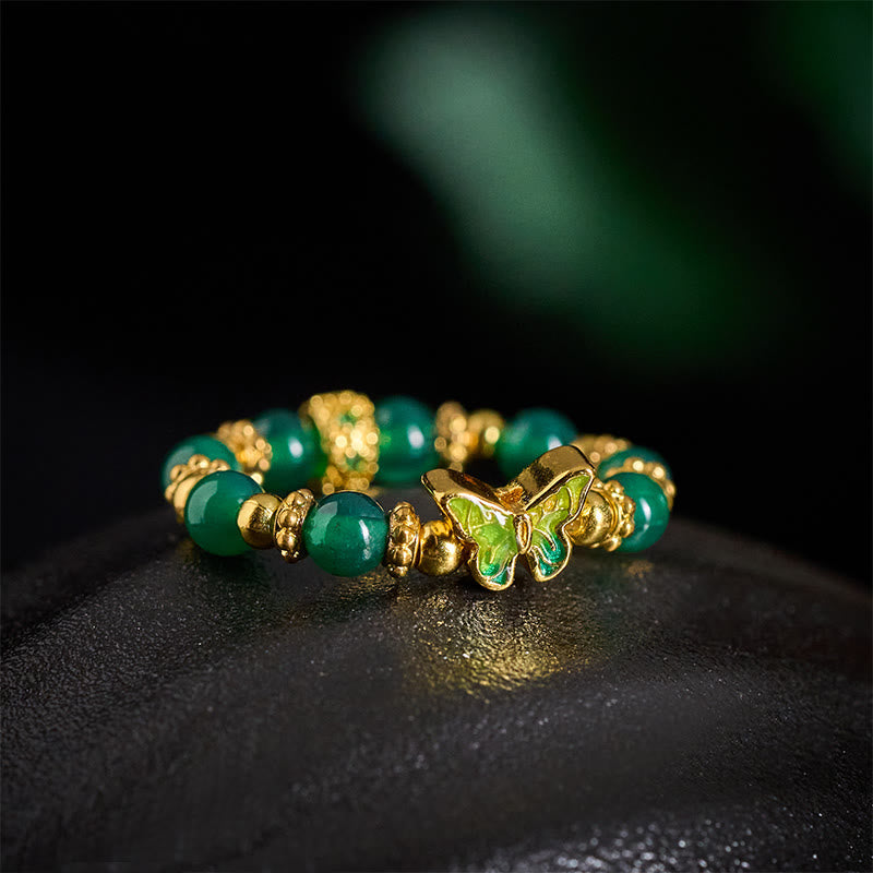 Nimara Ritual Natural Green Agate Bead Copper Butterfly Renewal Ring