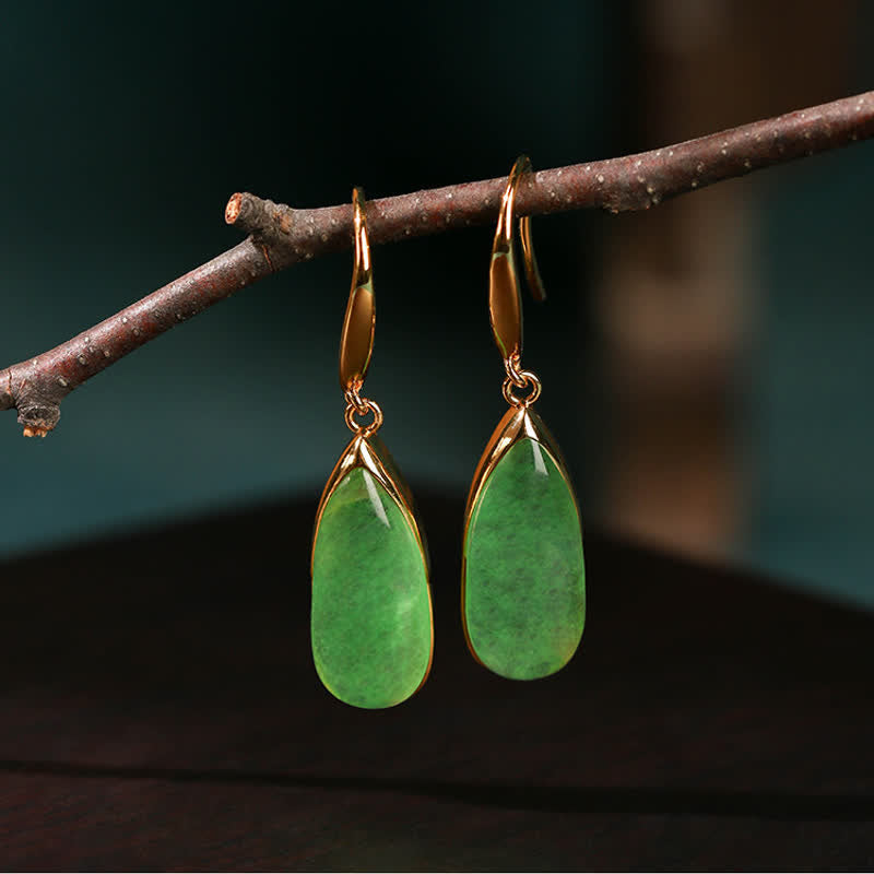 Prosperity and Luck Jade Teardrop Vintage Gold Tone Earrings
