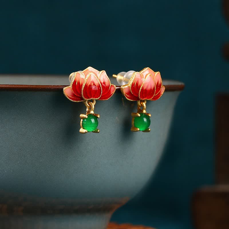 Nimara Ritual Jade Lotus Enamel Gold Dangle New Beginnings Earrings