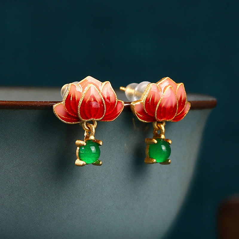 Nimara Ritual Jade Lotus Enamel Gold Dangle New Beginnings Earrings
