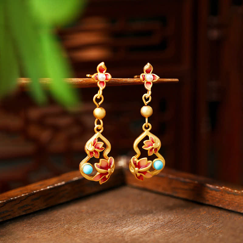 Nimara Ritual Turquoise Cloisonn Lotus Gourd Accent Enlightenment Drop Earrings