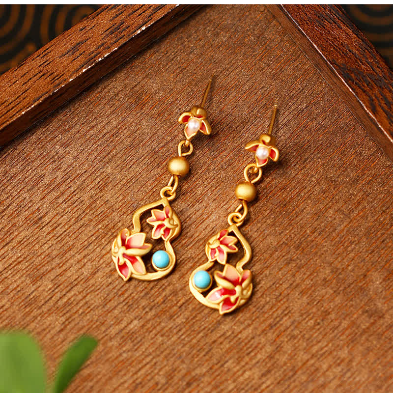 Nimara Ritual Turquoise Cloisonn Lotus Gourd Accent Enlightenment Drop Earrings