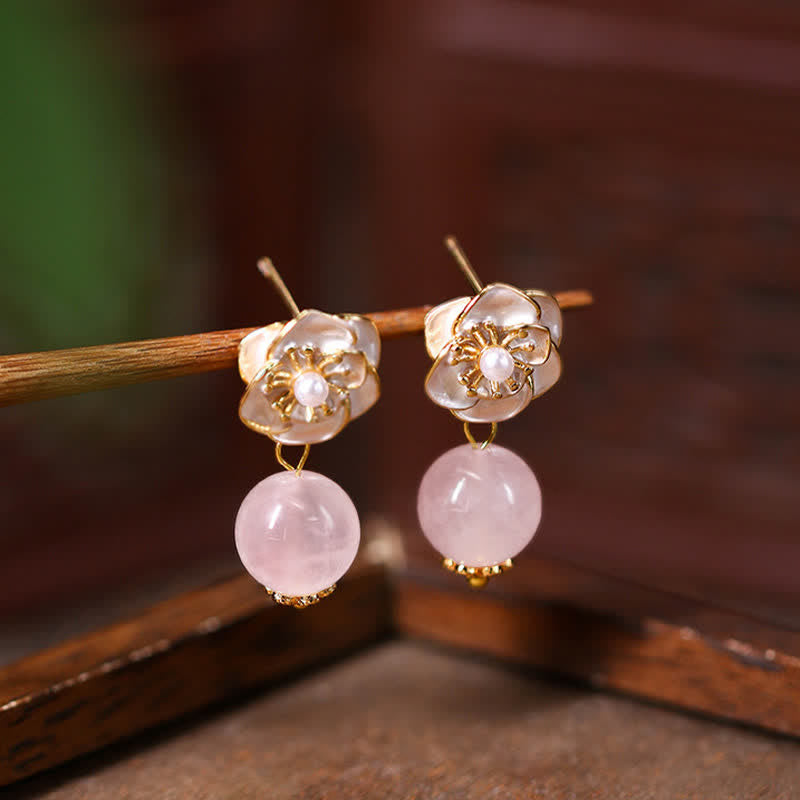 Nimara Ritual Rose Quartz Camellia Loving Energy Drop Earrings
