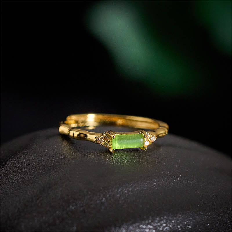 Nimara Ritual Natural Green Agate Square Bamboo Copper Adjustable Ring
