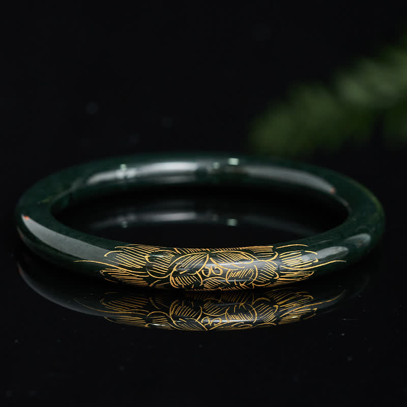Nimara Ritual Natural Cyan Jade Lotus Koi Fish Enlightenment Bangle Bracelet