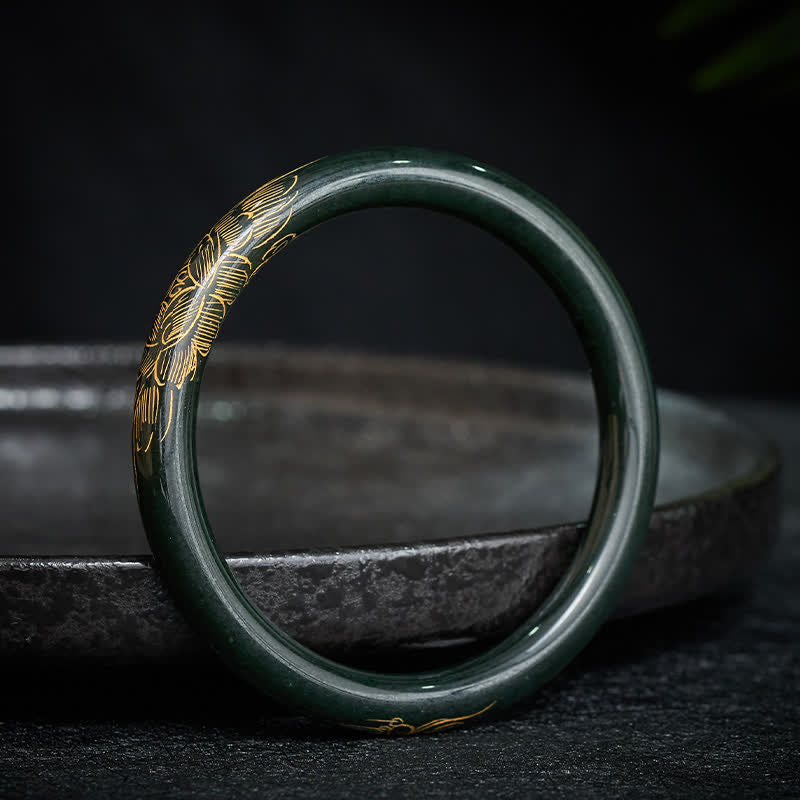 Nimara Ritual Natural Cyan Jade Lotus Koi Fish Enlightenment Bangle Bracelet