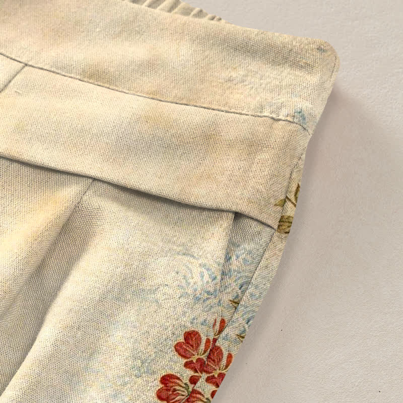 Nimara Ritual Cotton Linen Crane Floral Pattern Women's Elastic Waist Wide Leg Pants With Pockets