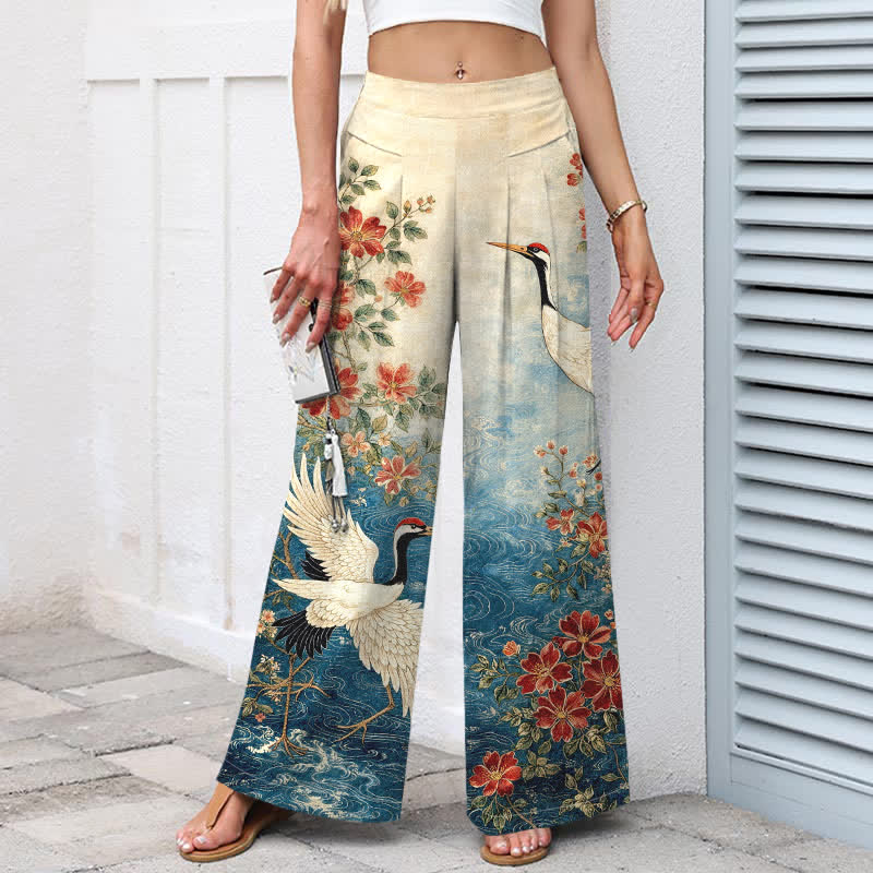 Nimara Ritual Cotton Linen Crane Floral Pattern Women's Elastic Waist Wide Leg Pants With Pockets