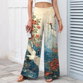 Nimara Ritual Cotton Linen Crane Floral Pattern Women's Elastic Waist Wide Leg Pants With Pockets