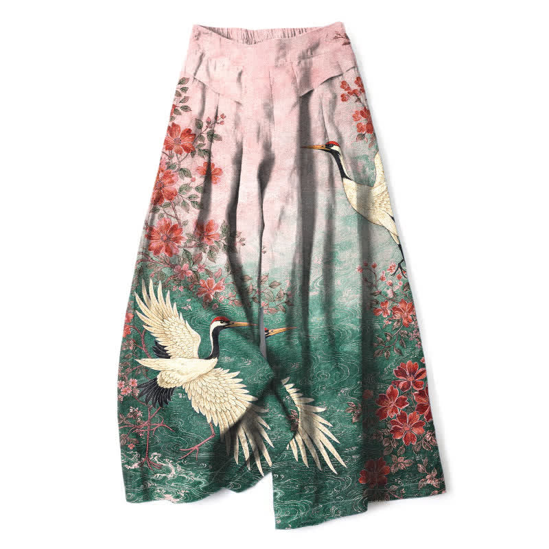 Nimara Ritual Cotton Linen Crane Floral Pattern Women's Elastic Waist Wide Leg Pants With Pockets