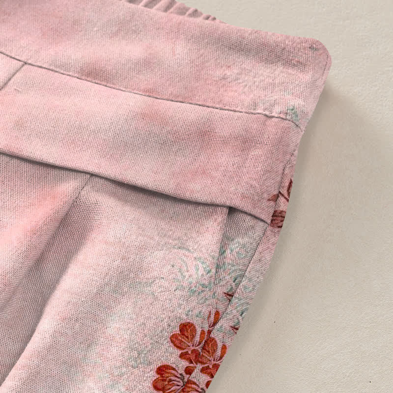 Nimara Ritual Cotton Linen Crane Floral Pattern Women's Elastic Waist Wide Leg Pants With Pockets