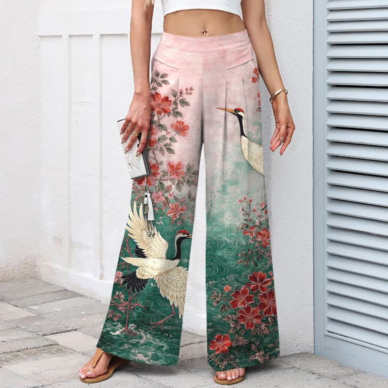 Nimara Ritual Cotton Linen Crane Floral Pattern Women's Elastic Waist Wide Leg Pants With Pockets