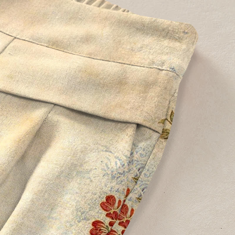 Nimara Ritual Cotton Linen Crane Floral Pattern Women's Elastic Waist Wide Leg Pants With Pockets