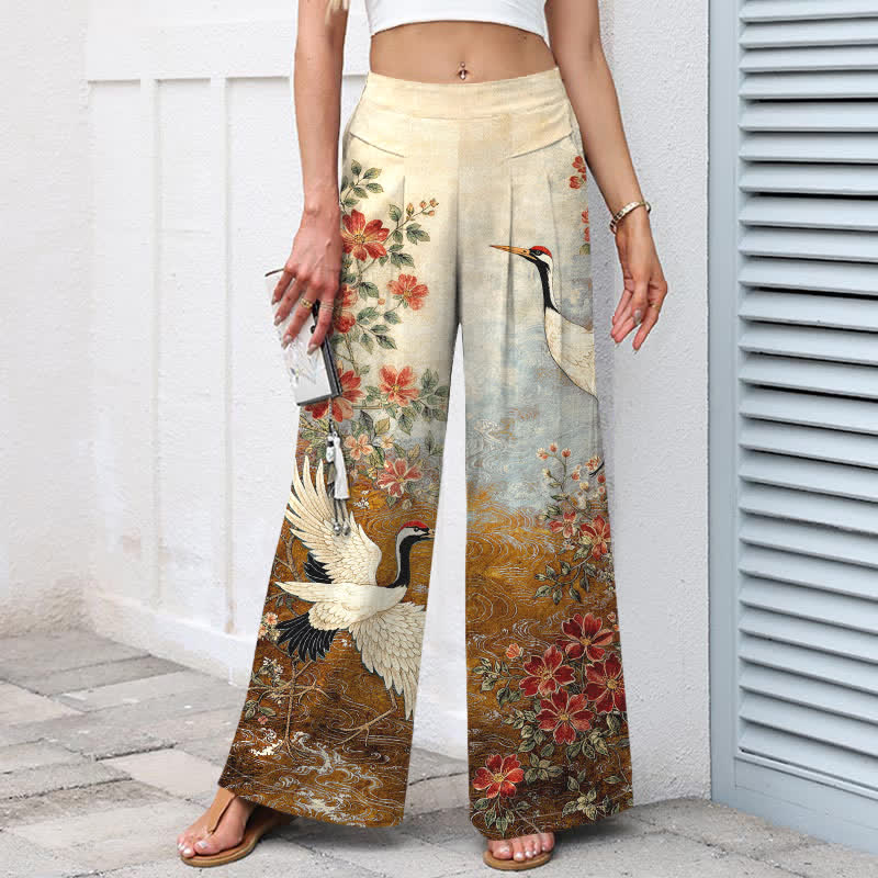 Nimara Ritual Cotton Linen Crane Floral Pattern Women's Elastic Waist Wide Leg Pants With Pockets