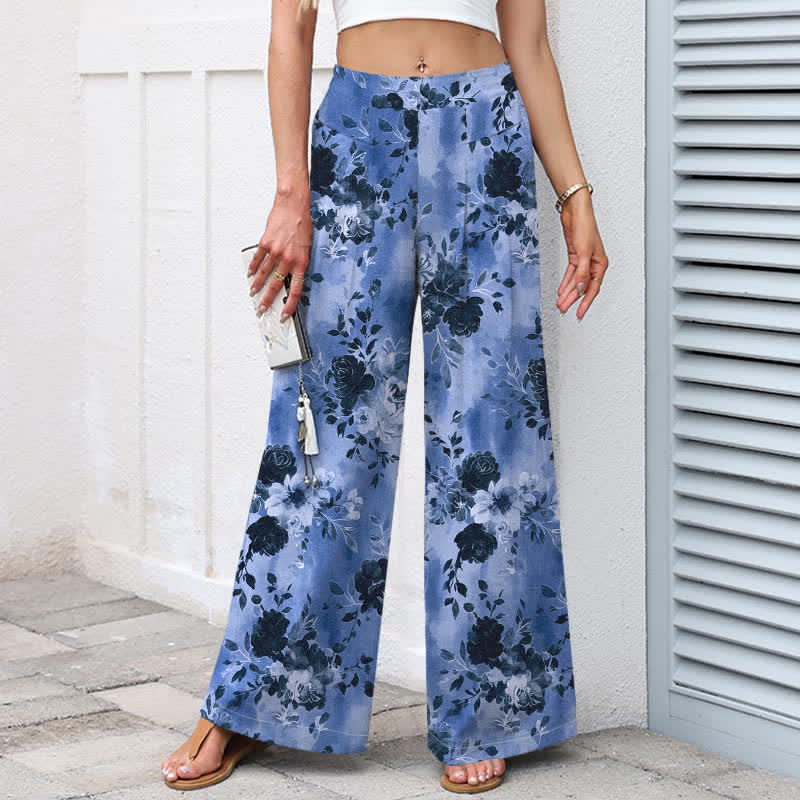 Nimara Ritual Cotton Linen Floral Pattern Women's Elastic Waist Wide Leg Pants With Pockets