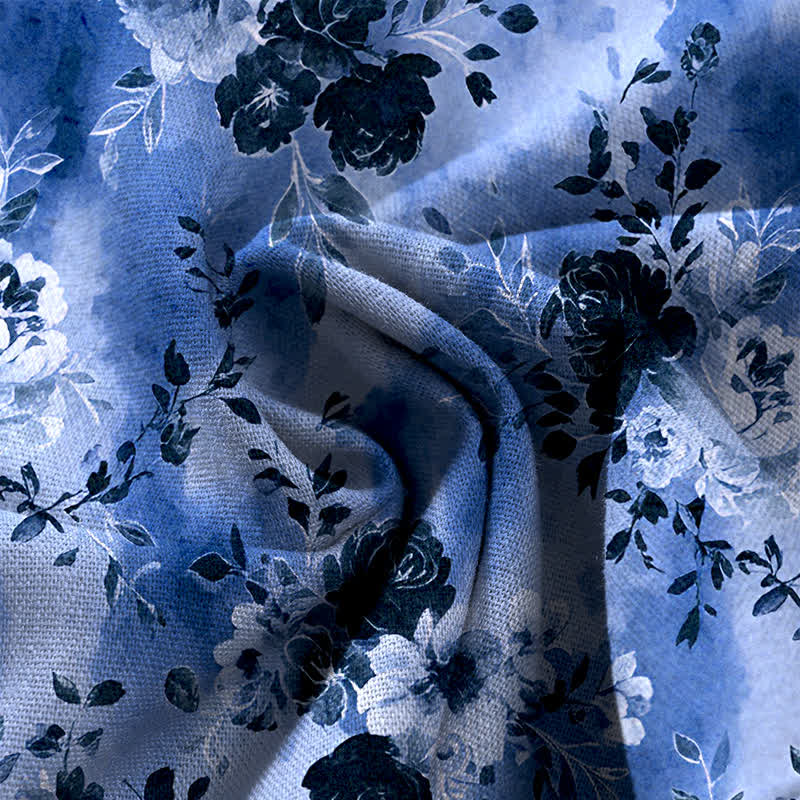 Nimara Ritual Cotton Linen Floral Pattern Women's Elastic Waist Wide Leg Pants With Pockets