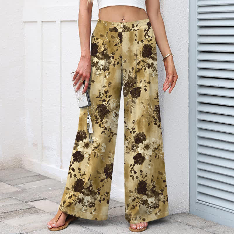 Nimara Ritual Cotton Linen Floral Pattern Women's Elastic Waist Wide Leg Pants With Pockets