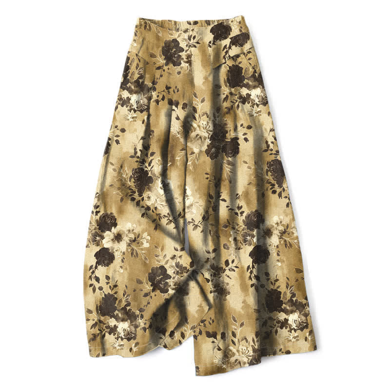 Nimara Ritual Cotton Linen Floral Pattern Women's Elastic Waist Wide Leg Pants With Pockets