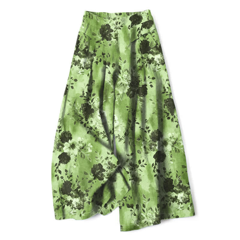 Nimara Ritual Cotton Linen Floral Pattern Women's Elastic Waist Wide Leg Pants With Pockets