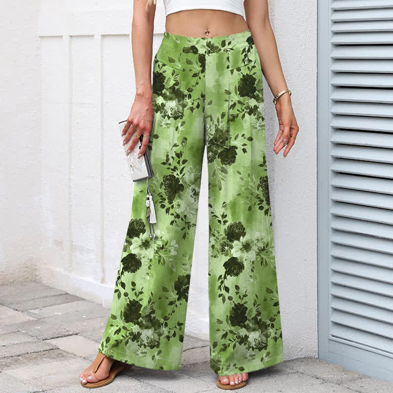 Nimara Ritual Cotton Linen Floral Pattern Women's Elastic Waist Wide Leg Pants With Pockets