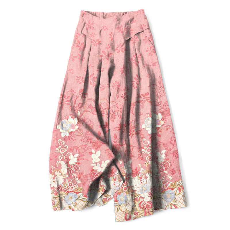 Nimara Ritual Cotton Linen Romantic Floral Pattern Women's Elastic Waist Wide Leg Pants With Pockets