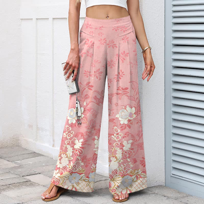 Nimara Ritual Cotton Linen Romantic Floral Pattern Women's Elastic Waist Wide Leg Pants With Pockets