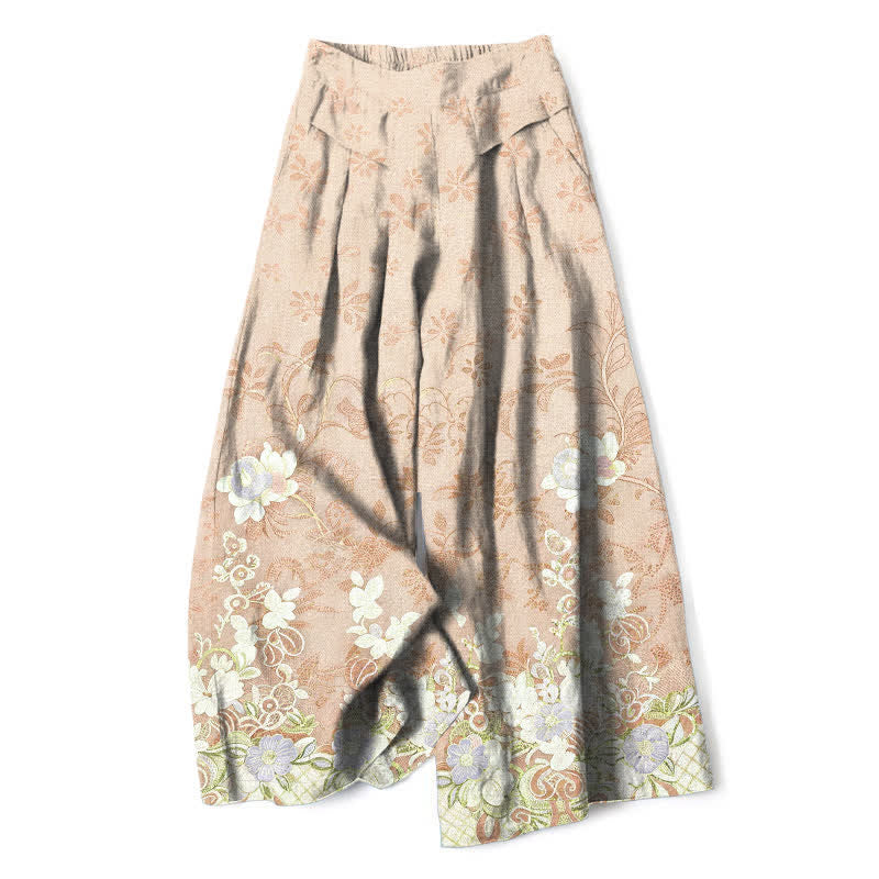 Nimara Ritual Cotton Linen Romantic Floral Pattern Women's Elastic Waist Wide Leg Pants With Pockets