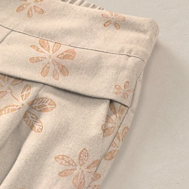 Nimara Ritual Cotton Linen Romantic Floral Pattern Women's Elastic Waist Wide Leg Pants With Pockets