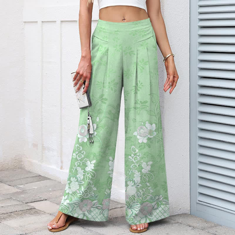 Nimara Ritual Cotton Linen Romantic Floral Pattern Women's Elastic Waist Wide Leg Pants With Pockets