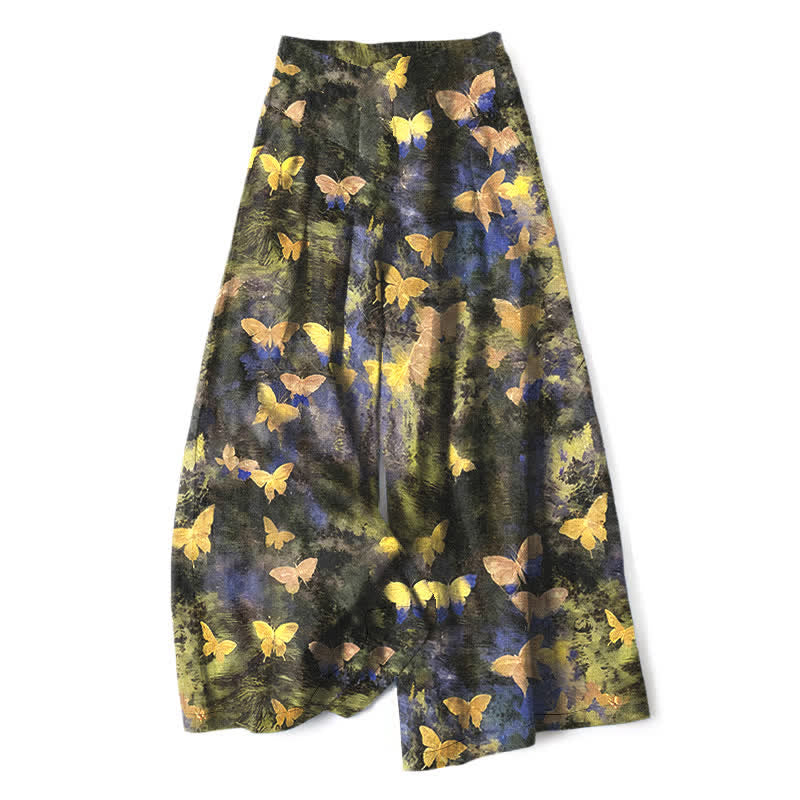Nimara Ritual Cotton Linen Butterfly Pattern Women's Elastic Waist Wide Leg Pants With Pockets