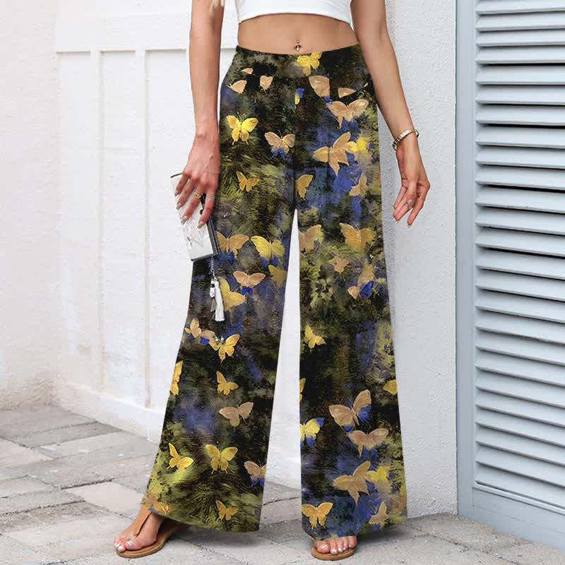 Nimara Ritual Cotton Linen Butterfly Pattern Women's Elastic Waist Wide Leg Pants With Pockets