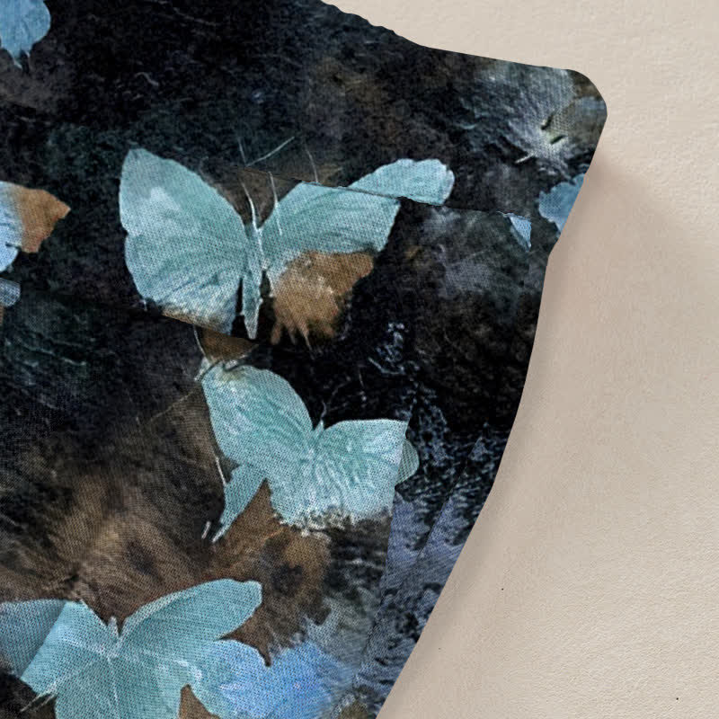 Nimara Ritual Cotton Linen Butterfly Pattern Women's Elastic Waist Wide Leg Pants With Pockets