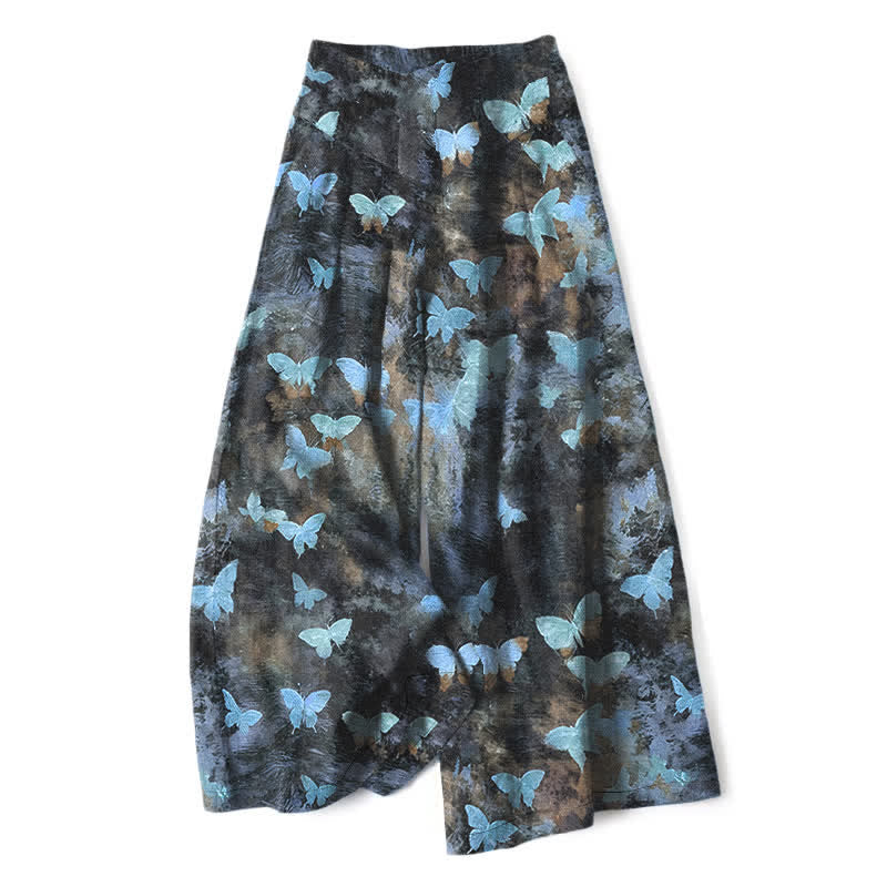 Nimara Ritual Cotton Linen Butterfly Pattern Women's Elastic Waist Wide Leg Pants With Pockets