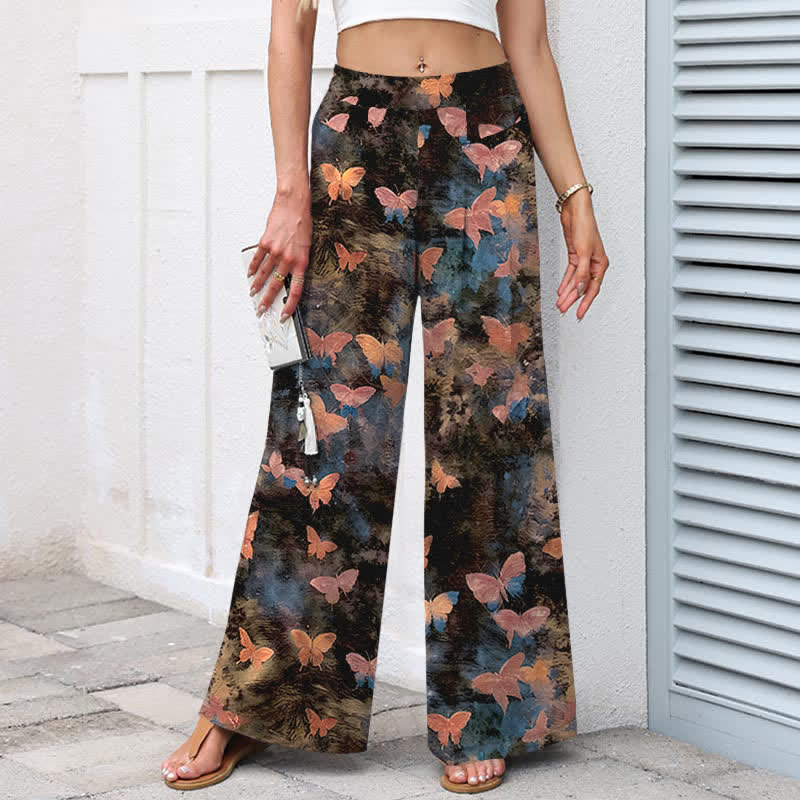 Nimara Ritual Cotton Linen Butterfly Pattern Women's Elastic Waist Wide Leg Pants With Pockets
