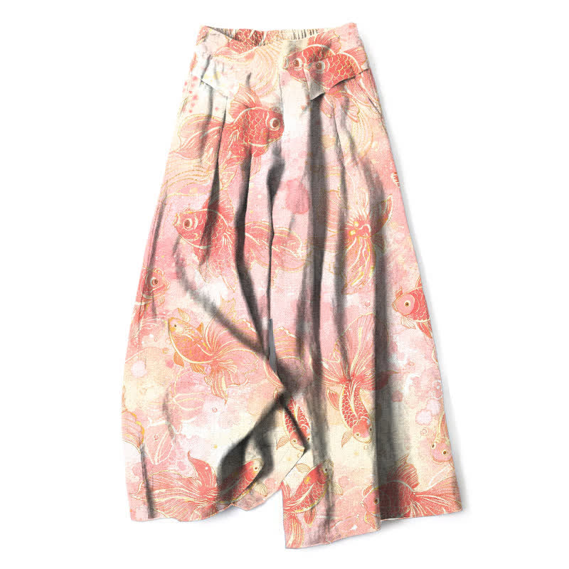 Nimara Ritual Cotton Linen Koi Fish Floral Pattern Women's Elastic Waist Wide Leg Pants With Pockets