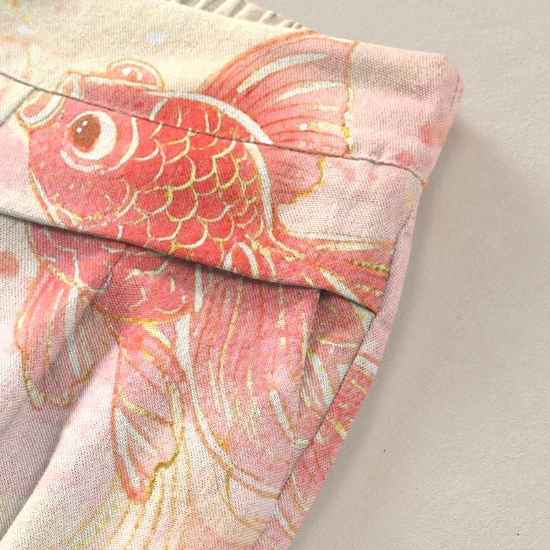 Nimara Ritual Cotton Linen Koi Fish Floral Pattern Women's Elastic Waist Wide Leg Pants With Pockets