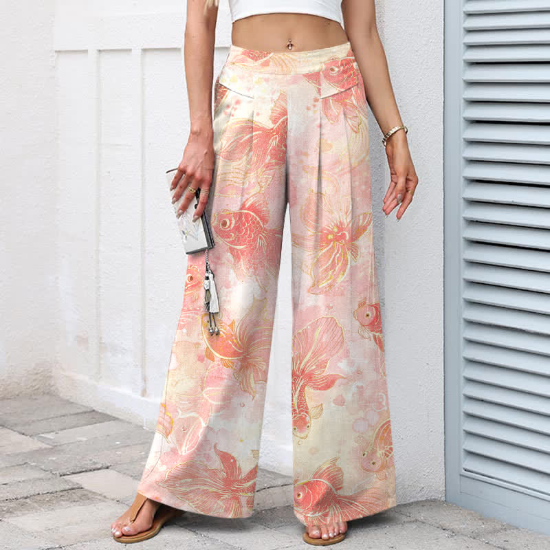 Nimara Ritual Cotton Linen Koi Fish Floral Pattern Women's Elastic Waist Wide Leg Pants With Pockets
