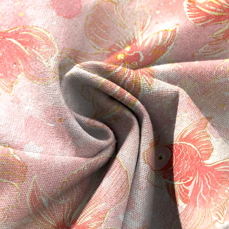 Nimara Ritual Cotton Linen Koi Fish Floral Pattern Women's Elastic Waist Wide Leg Pants With Pockets