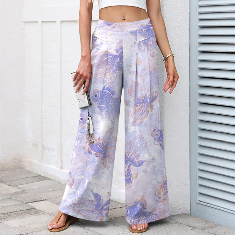 Nimara Ritual Cotton Linen Koi Fish Floral Pattern Women's Elastic Waist Wide Leg Pants With Pockets