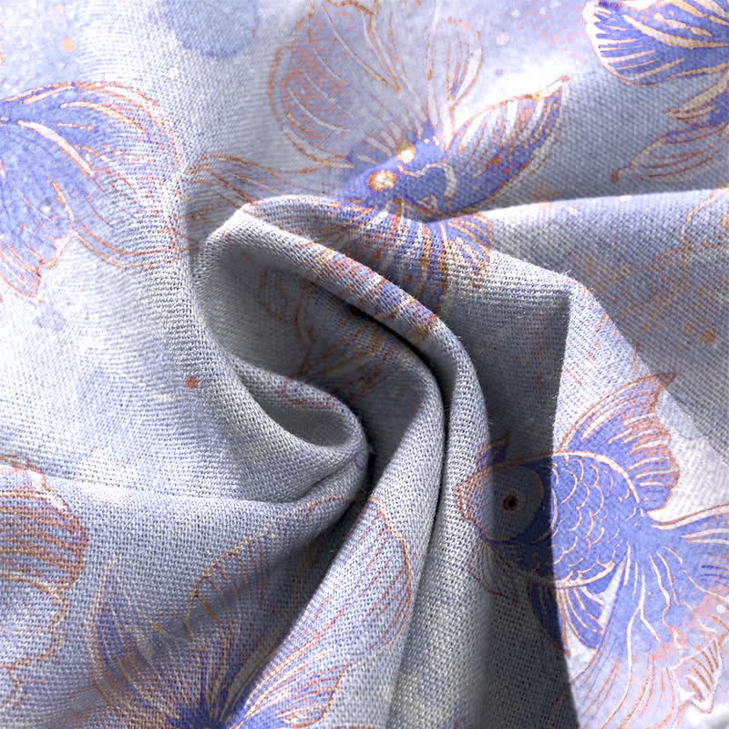 Nimara Ritual Cotton Linen Koi Fish Floral Pattern Women's Elastic Waist Wide Leg Pants With Pockets